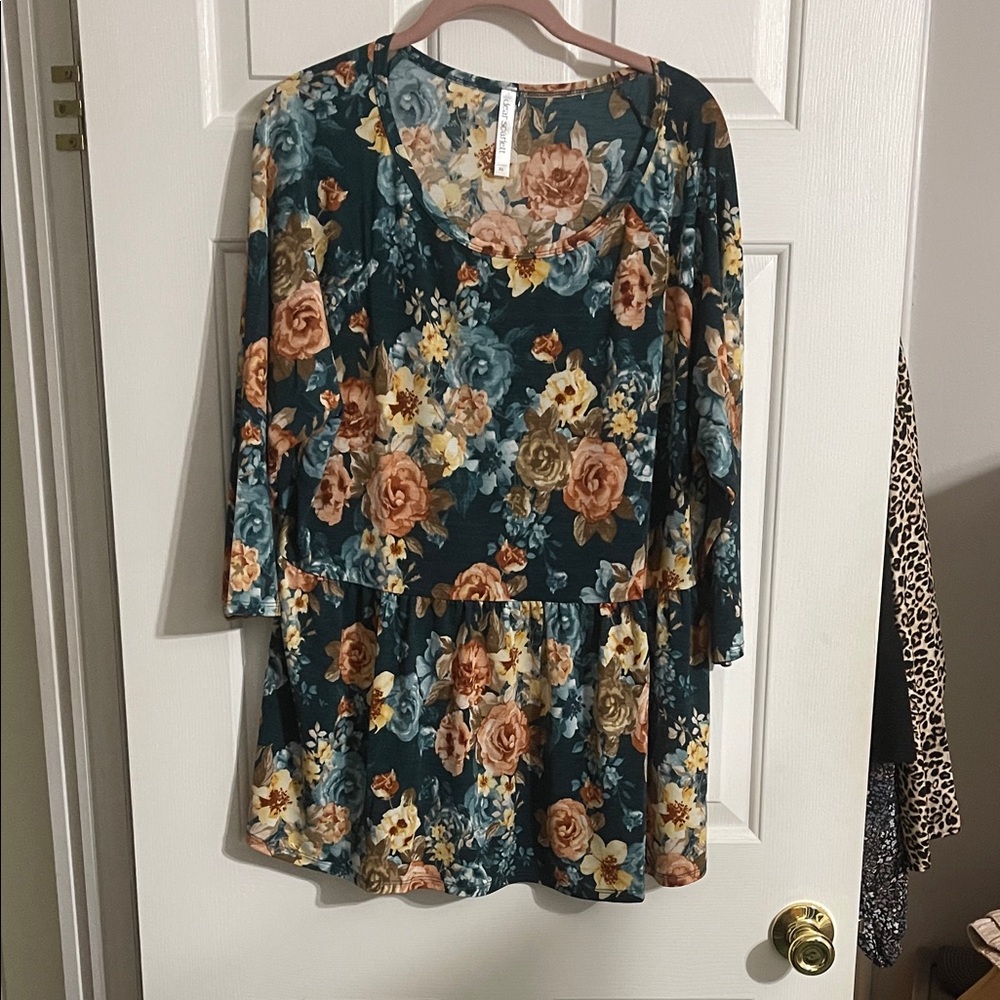 Floral Peplum Tunic Top - Teal Floral